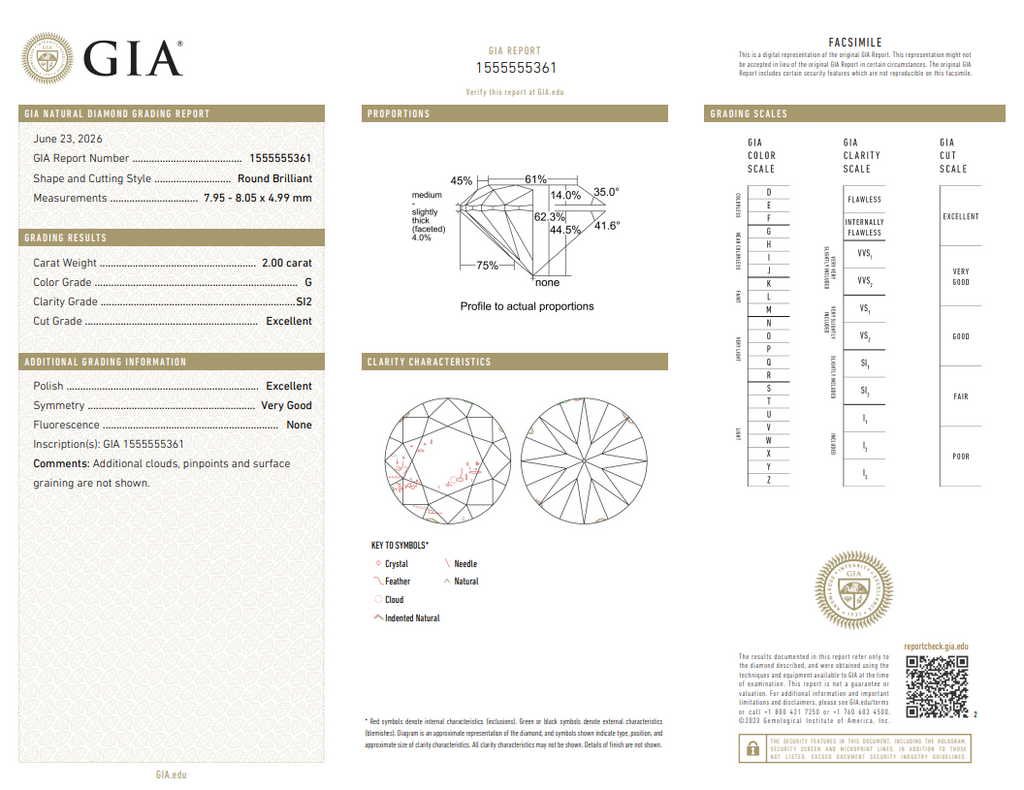 GIA 2.00 CT Natural Round G SI2 Nice Make