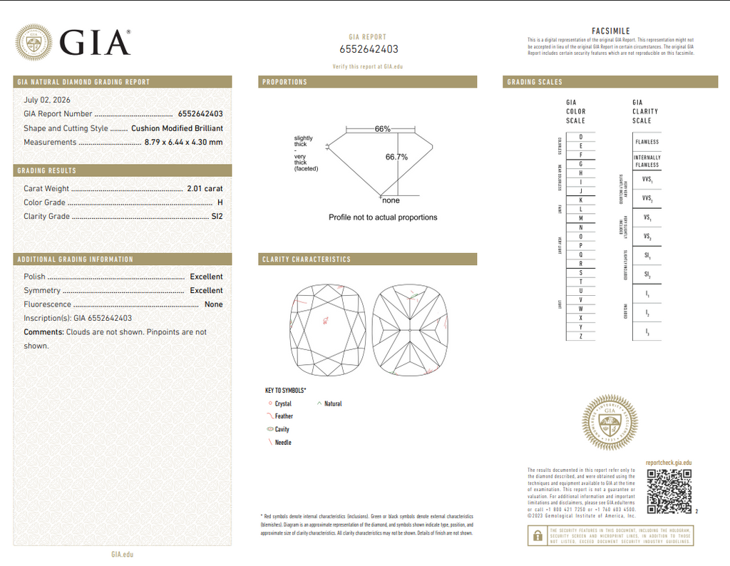 GIA 2.01 CT Natural Long Cushion H SI2 XX