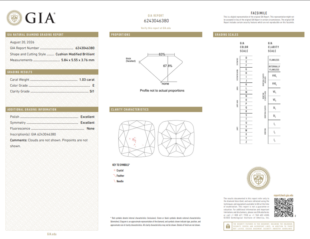 GIA 1.03 CT Natural Cushion E SI1