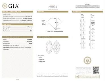 GIA 2.01 CT Natural Marquise I SI2 EX VG