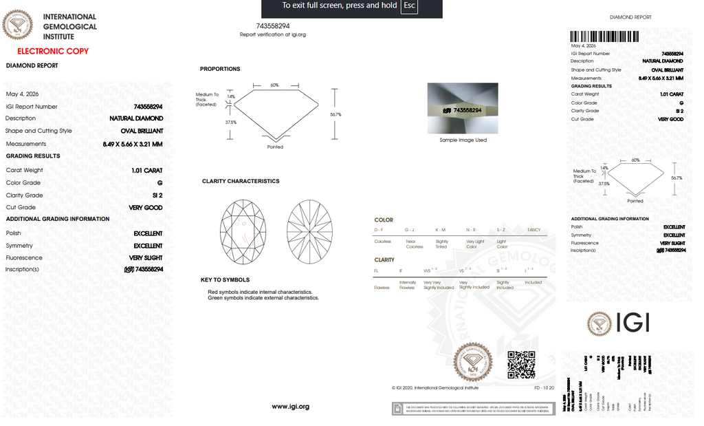 IGI 1.01 CT Natural Oval G SI2 XX