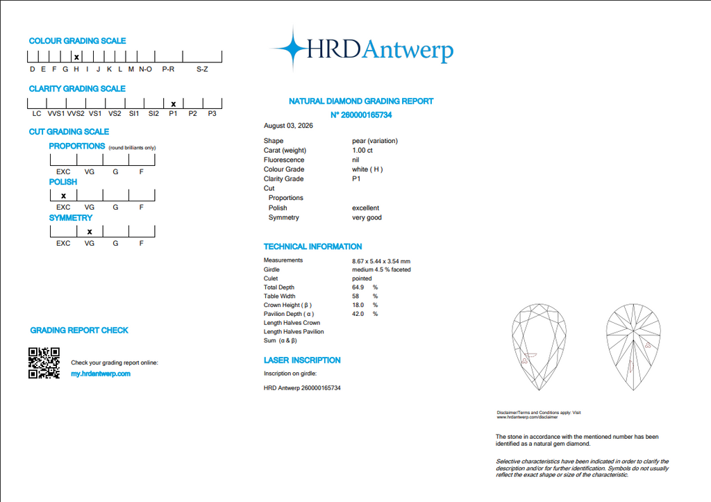 HRD 1.00 CT Natural Pear H I1 EX-VG