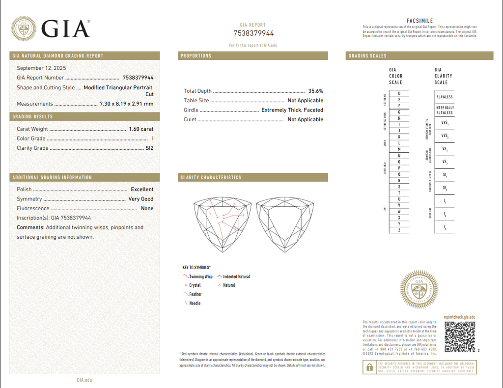 GIA 1.60 CT Natural Triangular I SI2 EX-VG