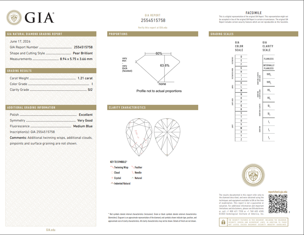 GIA 1.21 CT Natural Pear I SI2 EX-VG