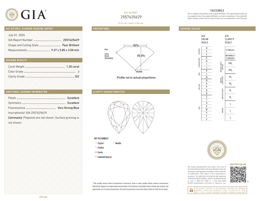 GIA 1.20 CT Natural Pear J SI2 EX-EX