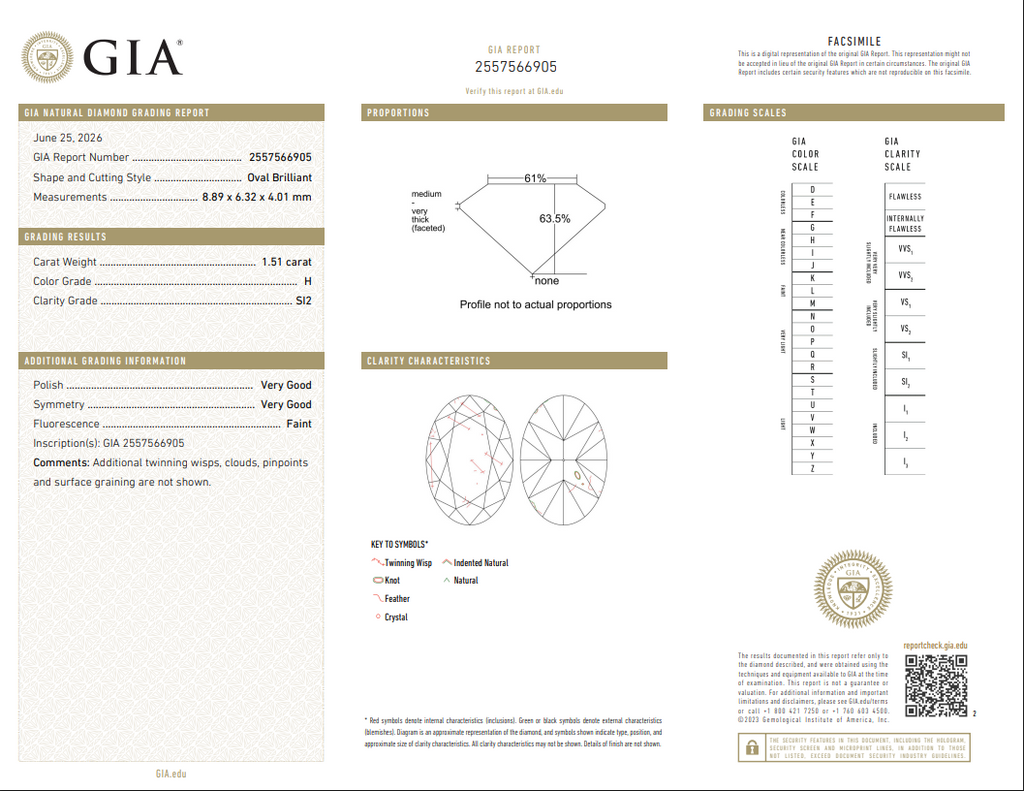 GIA 1.51 CT Natural Oval H SI2 VG-VG