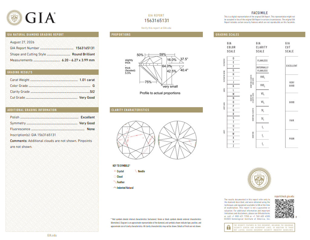 GIA 1.01 CT Natural Round G SI2 VG-EX-VG
