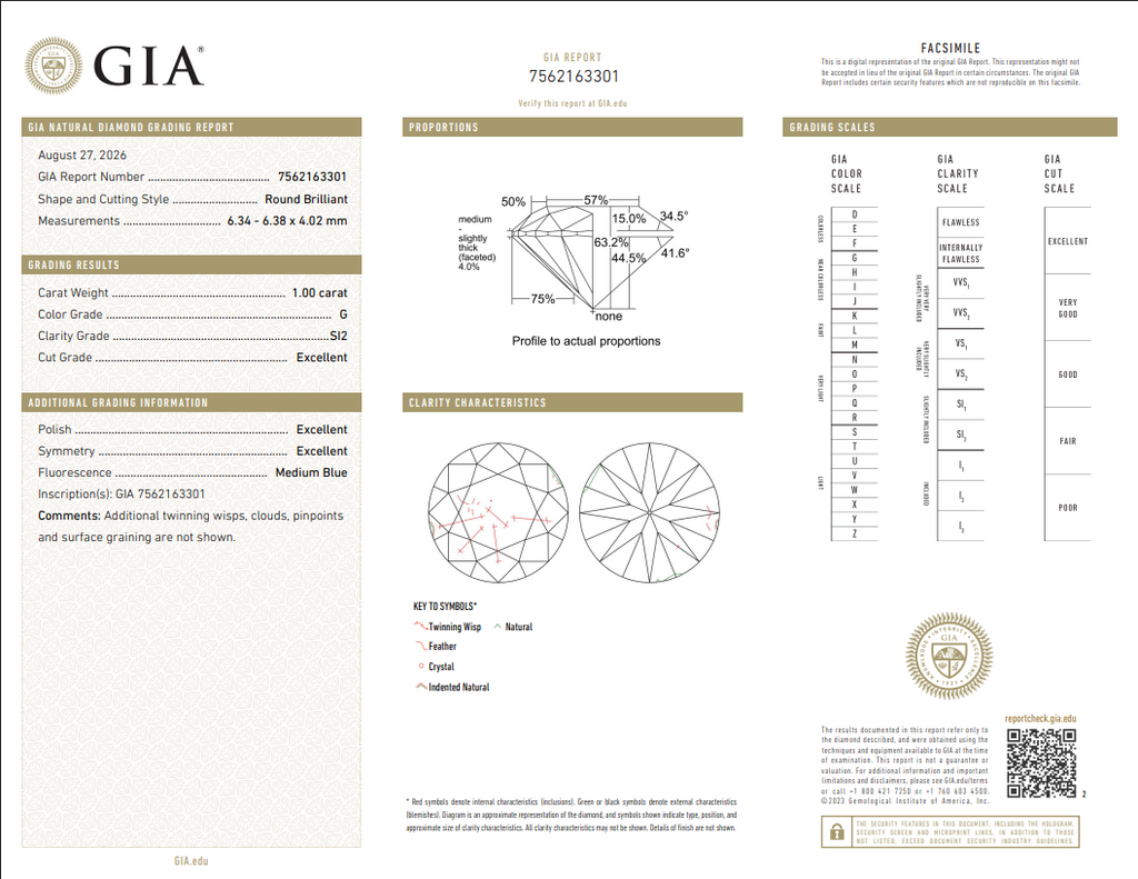 GIA 1.00 CT Natural Round G SI2 XXX