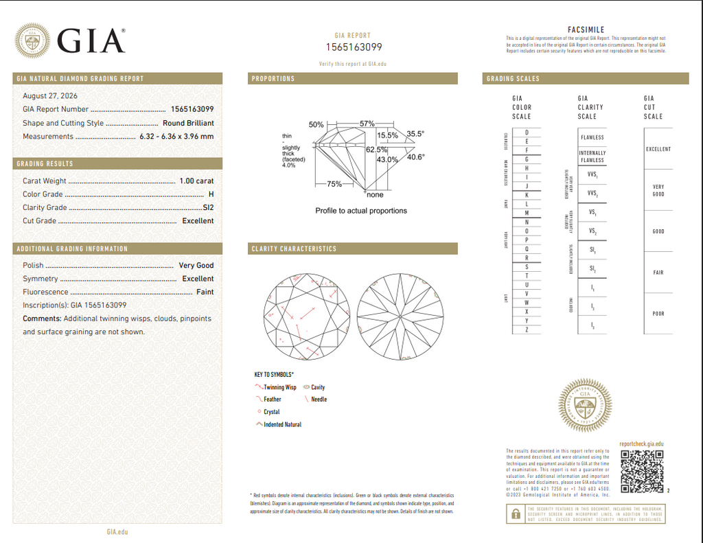 GIA 1.00 CT Natural Round H SI2 EX-VG-EX