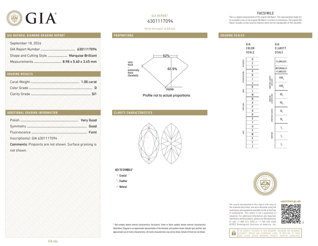 GIA 1.00 CT Natural Marquise Cut D SI1