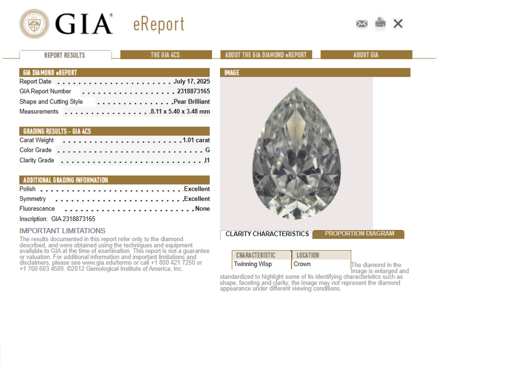 GIA 1.01 CT Natural Pear Brilliant G I1 EX EX