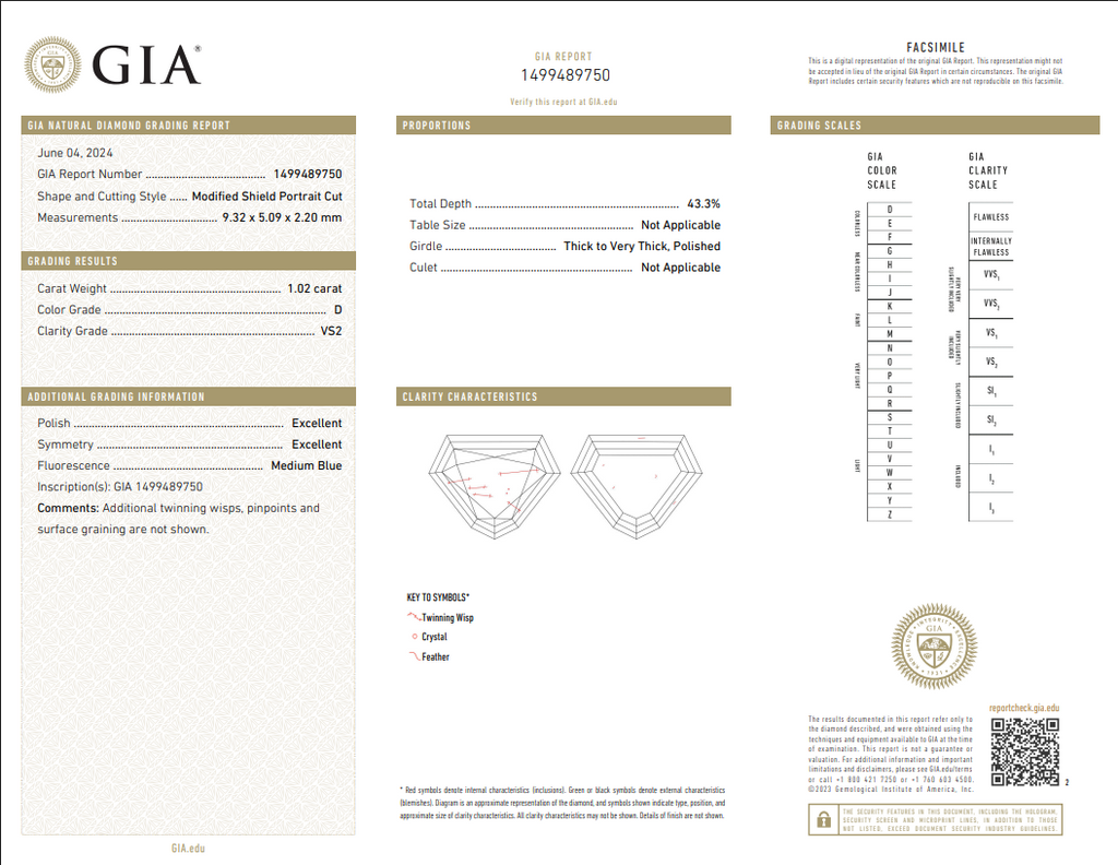 GIA 1.02 CT Natural Modified Shield Step Cut D VS2 EX EX