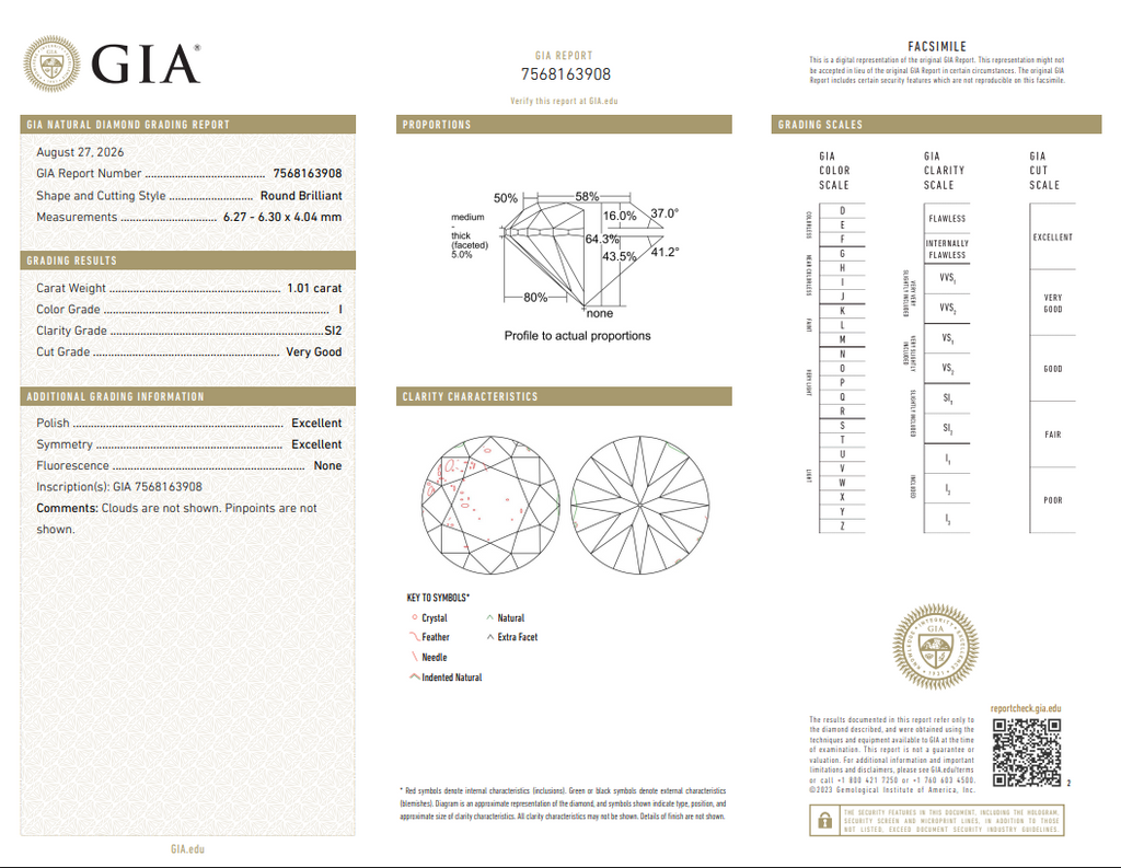 GIA 1.01 CT Natural Round Brilliant I SI2