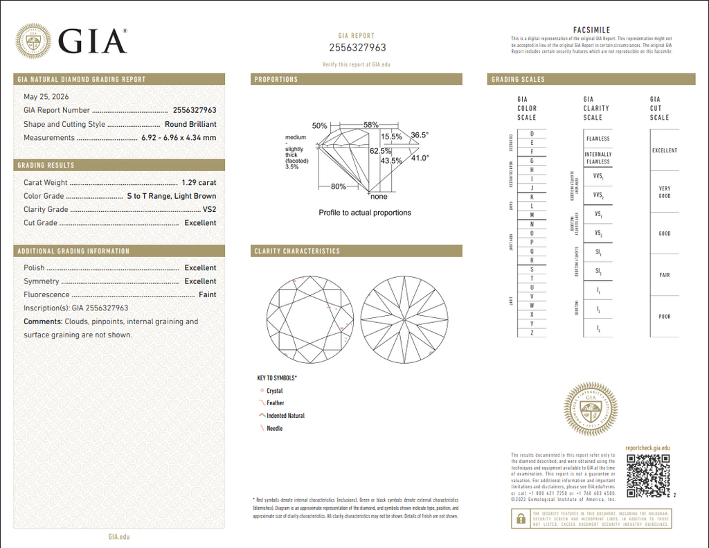 GIA 1.29 CT Natural Round Brilliant Light Brown S-T VS2 XXX