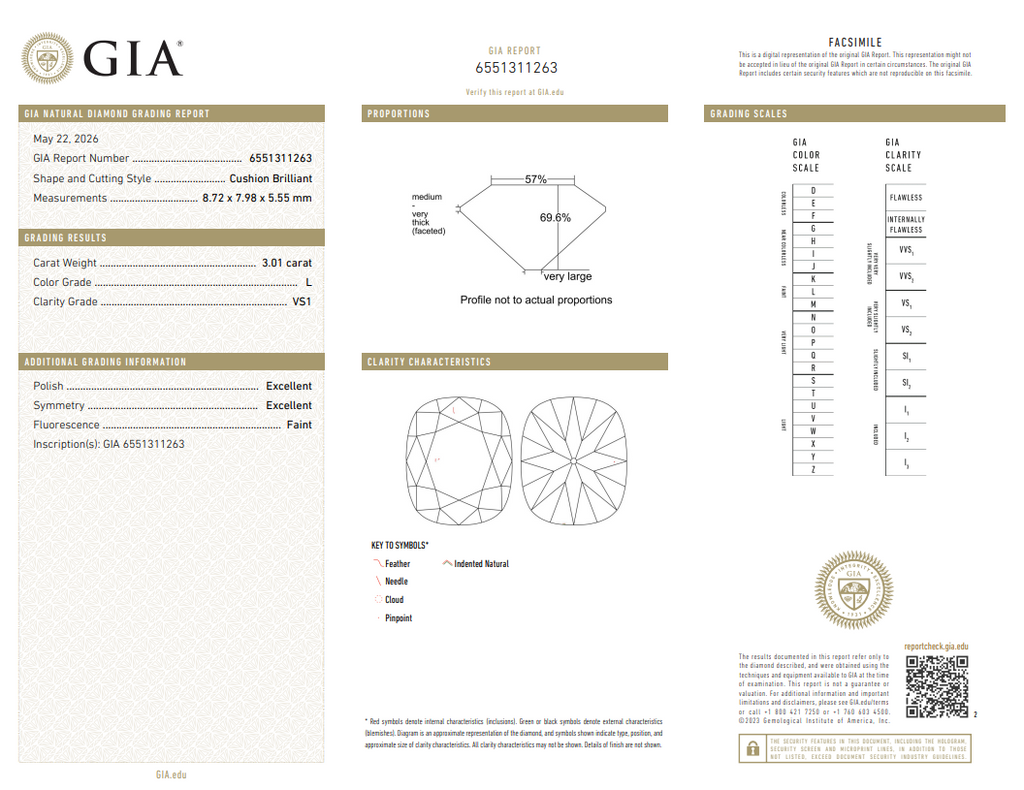 GIA 3.01 CT Natural Cushion L VS1 EX EX