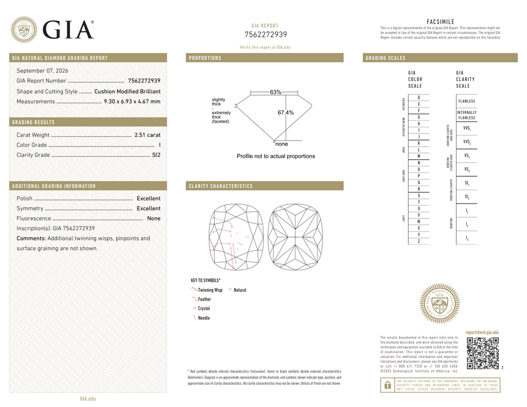 GIA 2.51 CT Natural Cushion Cut Modified Brilliant I SI2 EX EX