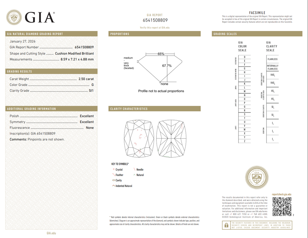 GIA 2.50 CT Natural Cushion G SI1 EX EX
