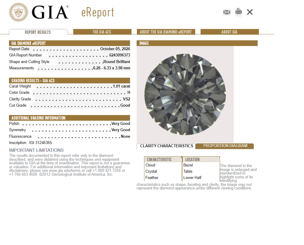 GIA 1.01 CT Natural Round Brilliant H VS2