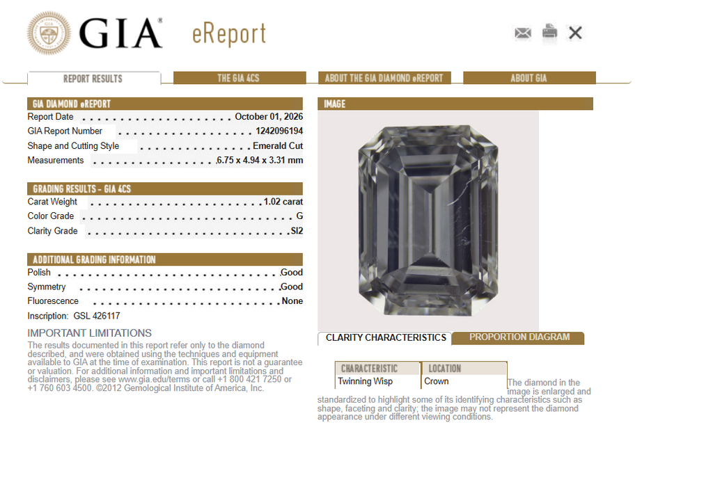 GIA 1.02 CT Emerald Cut Natural G SI2