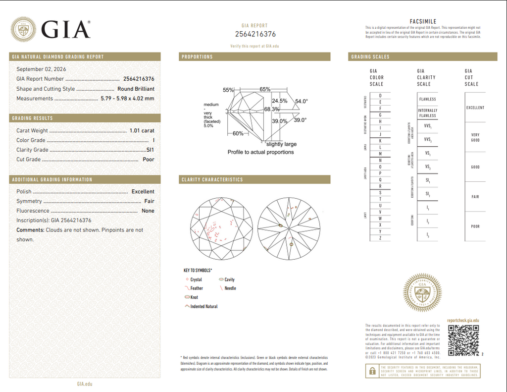 GIA 1.01 CT Natural Round I SI1
