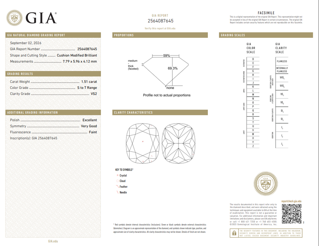 GIA 1.51 CT Natural Long Cushion S-T VS2 EX VG