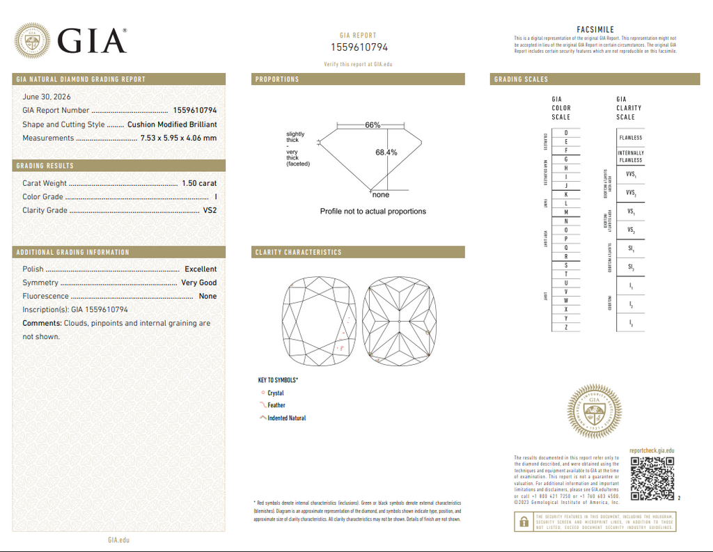 GIA 1.50 CT Natural Long Cushion I VS2