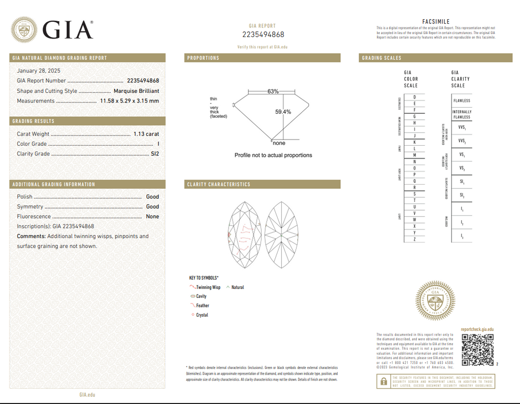 GIA 1.13 CT Natural Marquise cut I, SI2