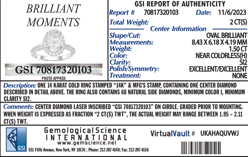 GSI 1.50 CT Natural Oval Cut H SI2 EX EX