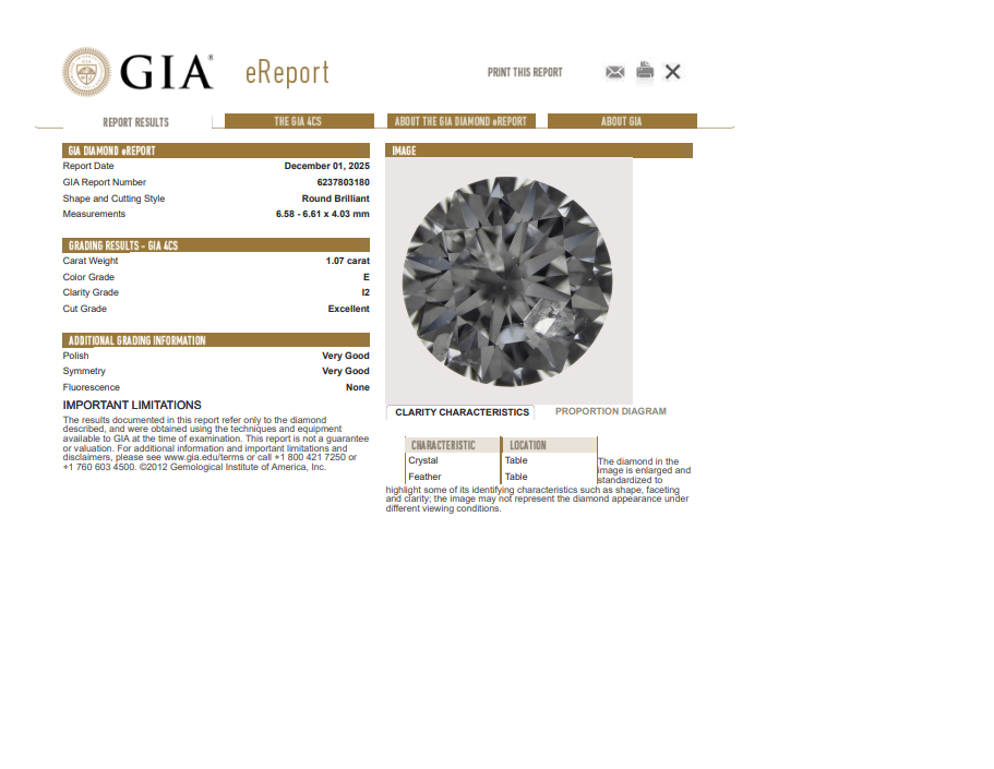 GIA 1.07 CT Natural Round Brilliant E I2