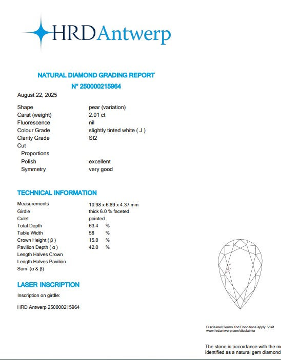 2.01 CT HRD Pear Shape Natural Diamond J SI2