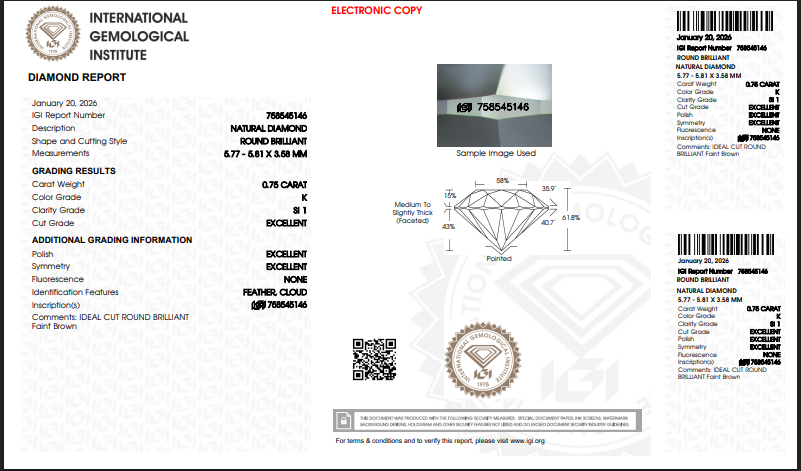 1.47 TCTW IGI Round Brilliant Natural Diamonds (2) K–L SI1 XXX