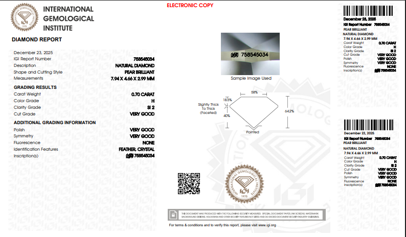 1.40 CTW IGI Pear Shaped Natural Diamond Match H-I SI2
