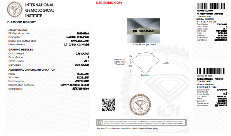 1.46 CTW IGI Oval Shaped Natural Diamond Match J-K VS1-VS2