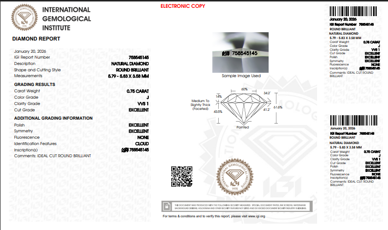 1.45 CTW IGI Round Brilliant Natural Diamond Match J VVS1
