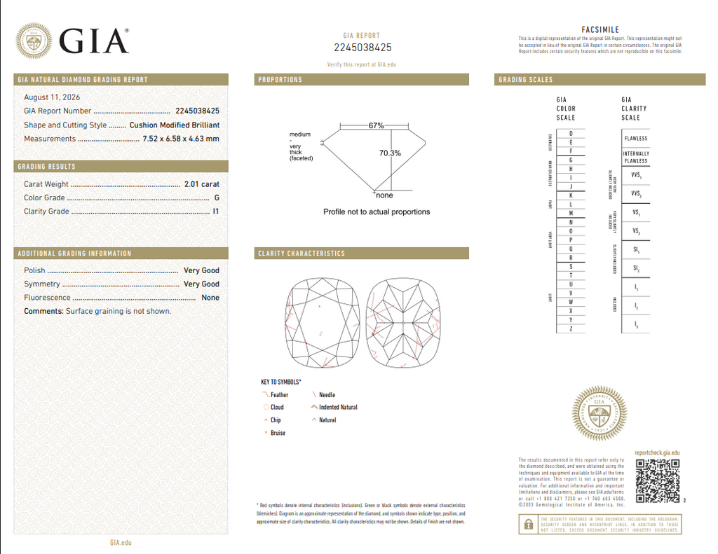 GIA 2.01 CT Natural Cushion Cut G TOP I1 VG VG
