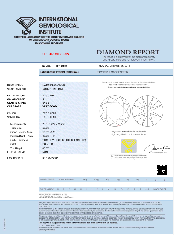 IGI 1.50 CT Natural Round Brilliant Diamond, J, VVS2