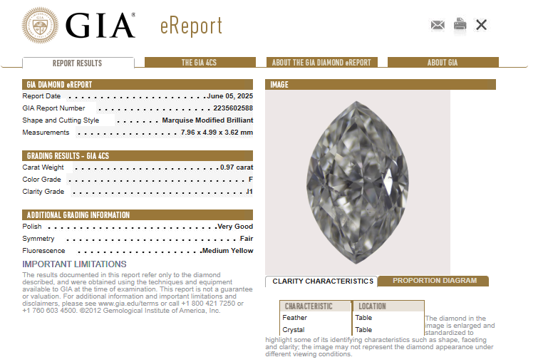 GIA 0.97 CT Marquise Diamond, F, I1