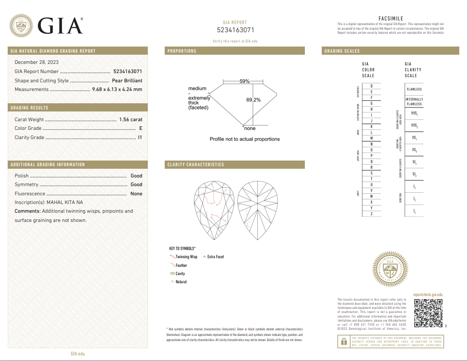GIA 1.56 CT Pear Loose Diamond, E, I1 -68
