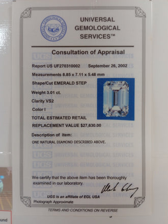 3.01 CT Natural Emerald Step cut  I VS2 EGL