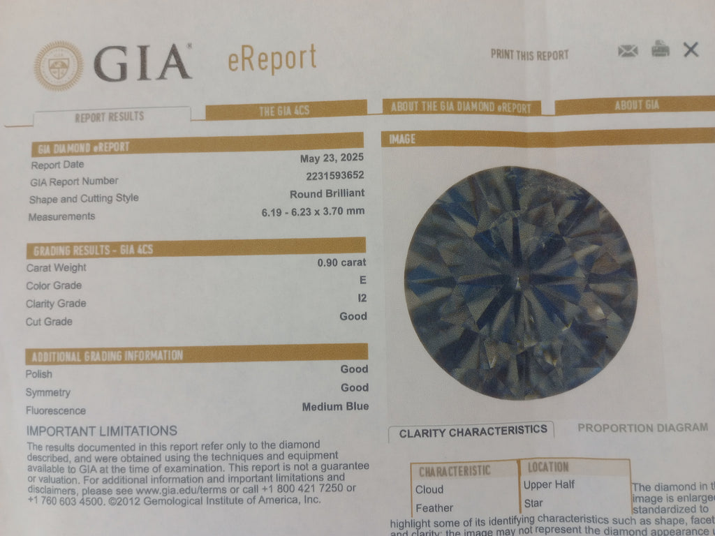 0.90 CT Round Diamond, E, I2