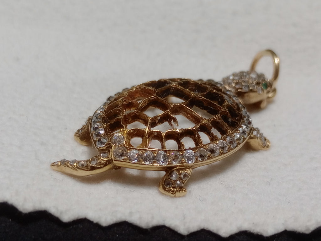 0.50 CTTW Old Cut Natural Diamond G-H SI Turtle Pendant 3.2 Dwt 18KT Gold