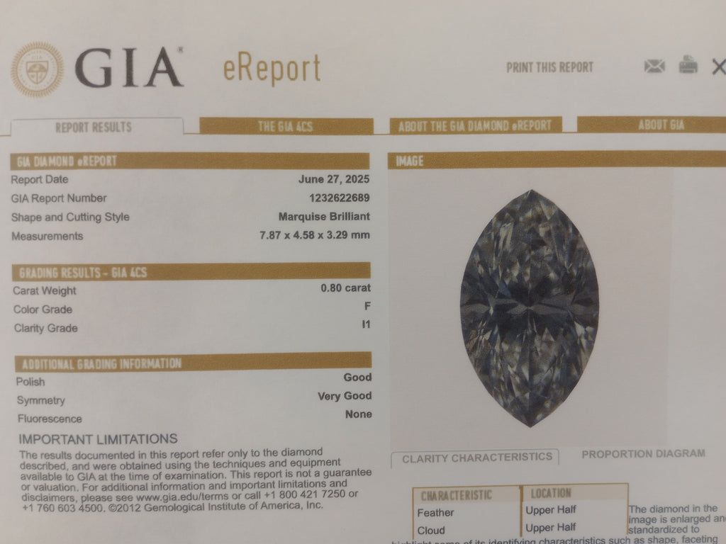 GIA 0.80 CT Marquise Diamond, F, I1 (-69)