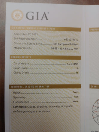 4.34 CT Old European Brilliant Cut Natural Diamond, K, I1