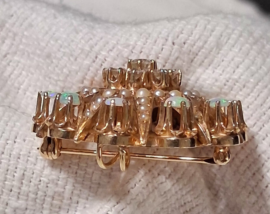14k YG Diamond, Opal, Pearl Pin.