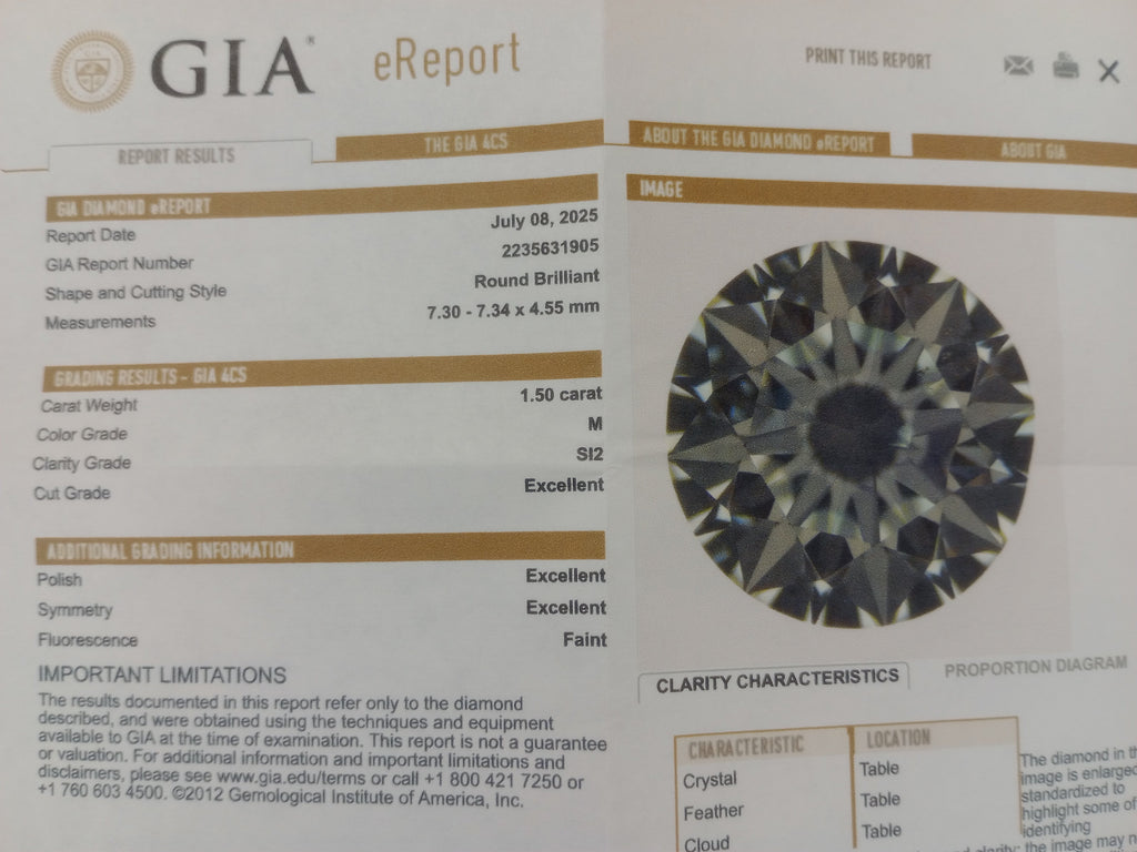 GIA 1.50 CT Round Diamond, M, SI2 XXX (-64)