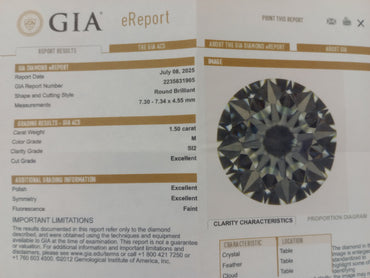 GIA 1.50 CT Round Diamond, M, SI2 XXX (-64)