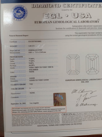 3.01 CT Natural Emerald Step cut  I VS2 EGL