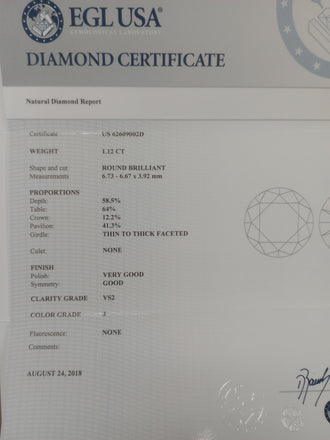 1.12 CT Natural Round Brilliant EGL J-VS2