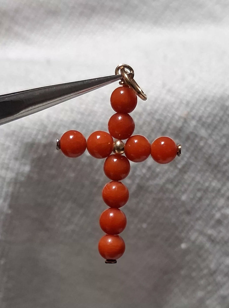 14k YG Coral beaded cross pendant