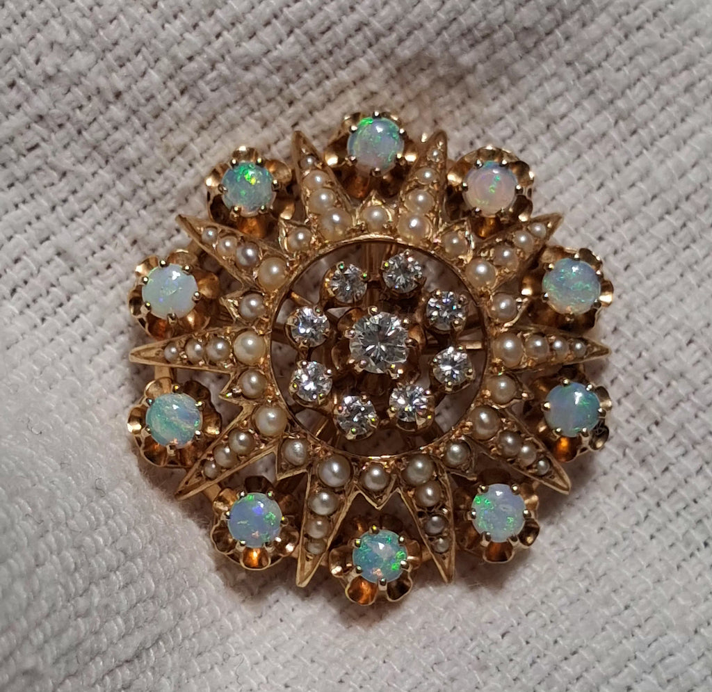 14k YG Diamond, Opal, Pearl Pin.